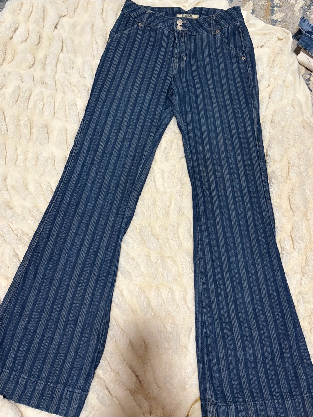 Women’s Dark Blue Striped High-Rise Flare Jeans